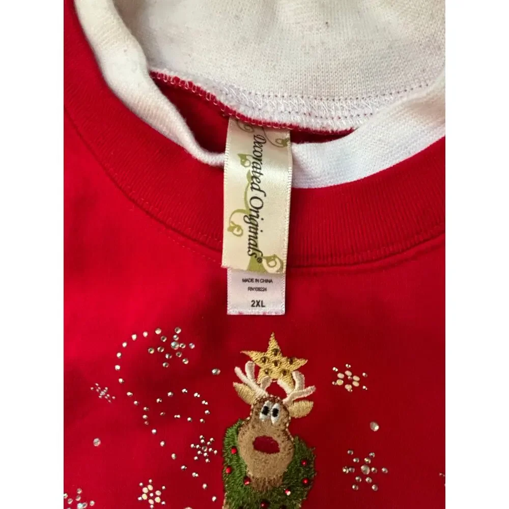 Ugly Christmas Sweater Party Sweatshirt Womens 2XL Red Reindeer Tree Decorated